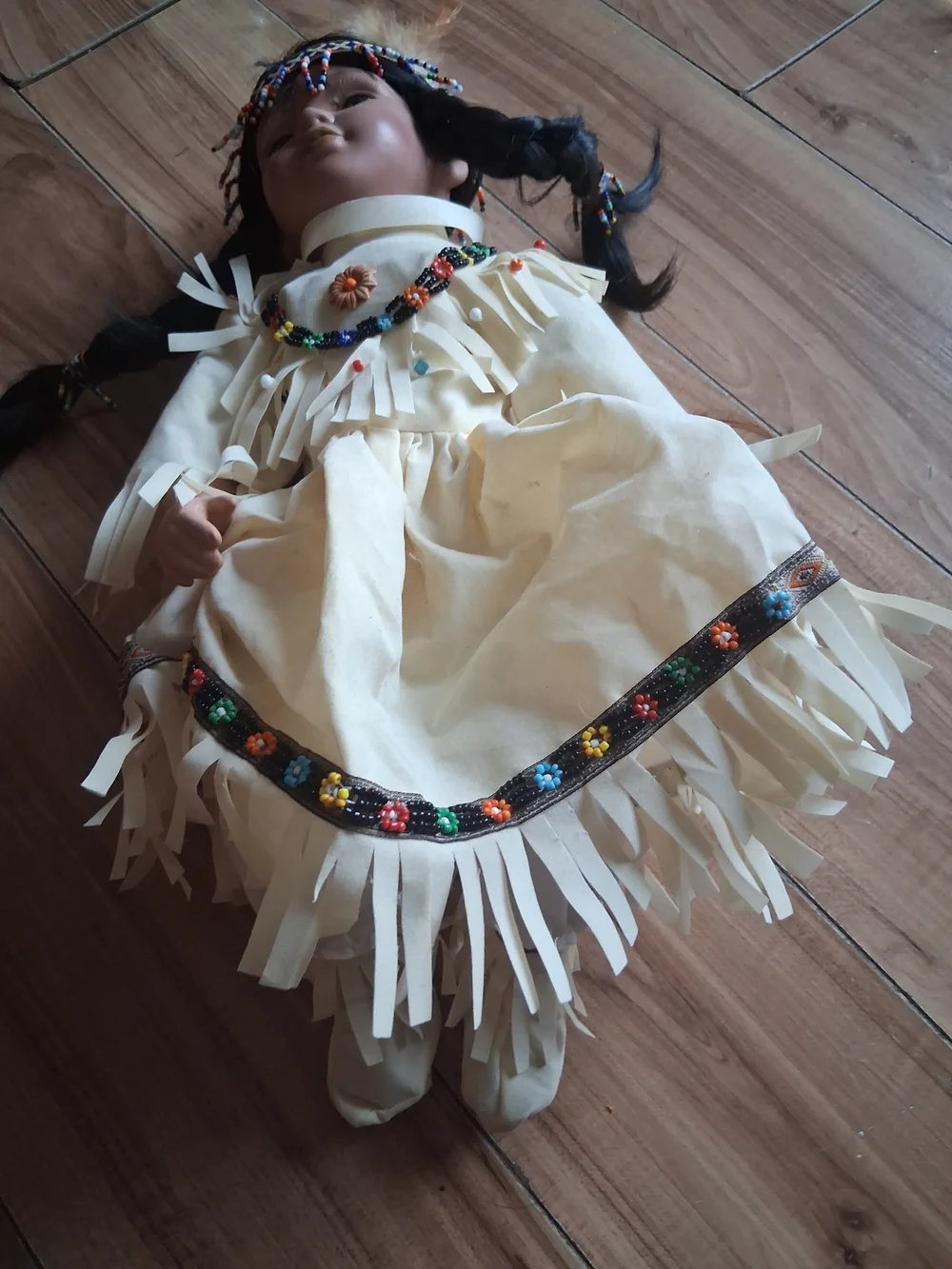 Cream Native-Style Girls' Doll with Beaded Trim and Braided Hair
